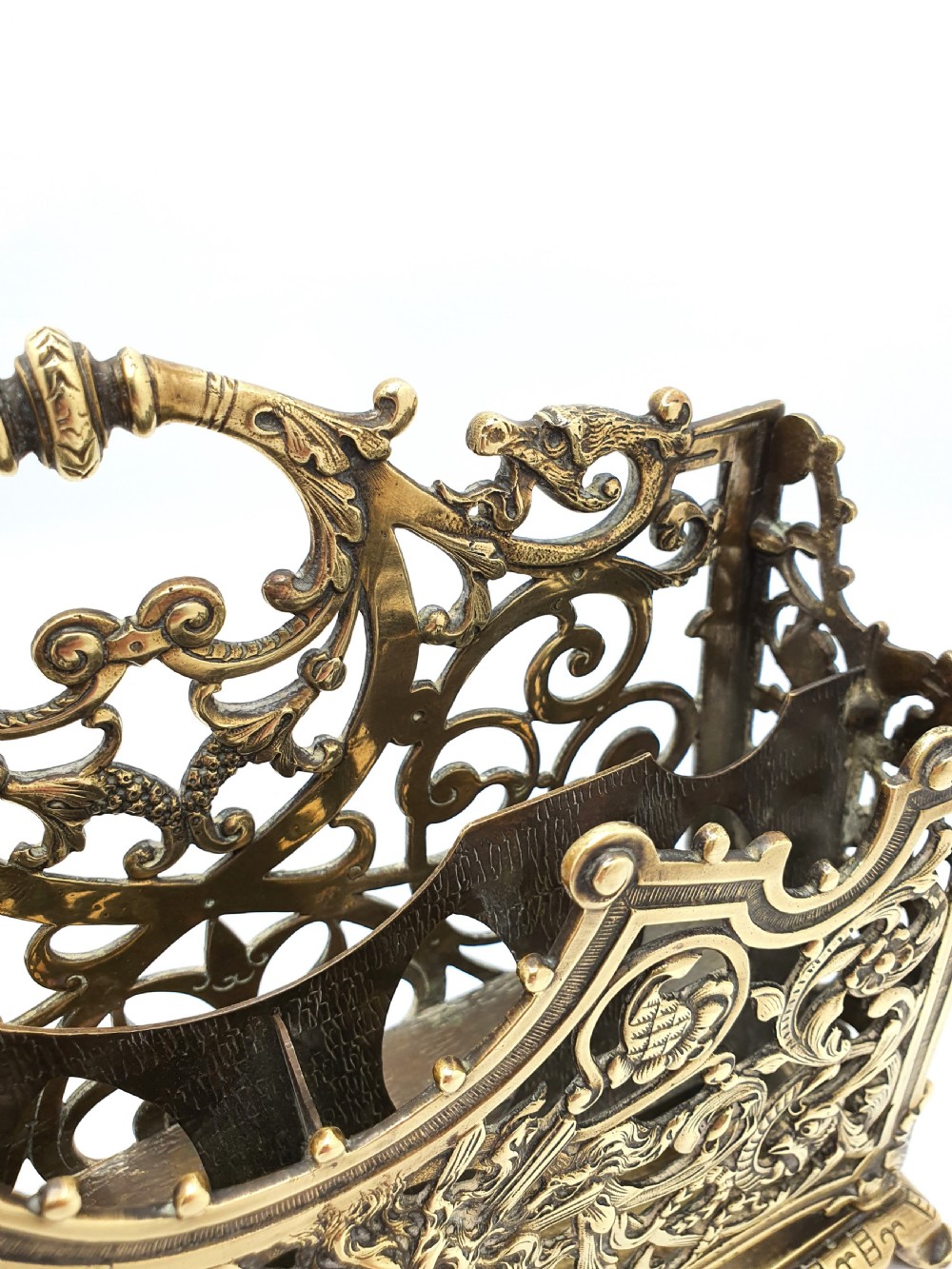 Handsome Antique Victorian Ornate Brass Letter Rack with Pierced Scrollwork & Classical Mask Motif – circa 1890 View V