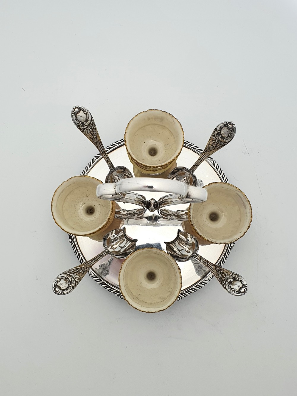 Rare Antique Silver-Plated Egg Cruet Set Featuring Exquisite China Egg Cups – circa 1905 View II