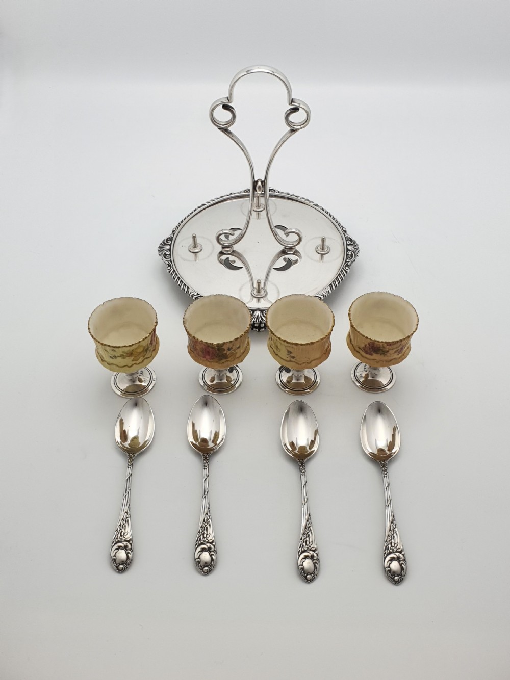 Rare Antique Silver-Plated Egg Cruet Set Featuring Exquisite China Egg Cups – circa 1905 View III