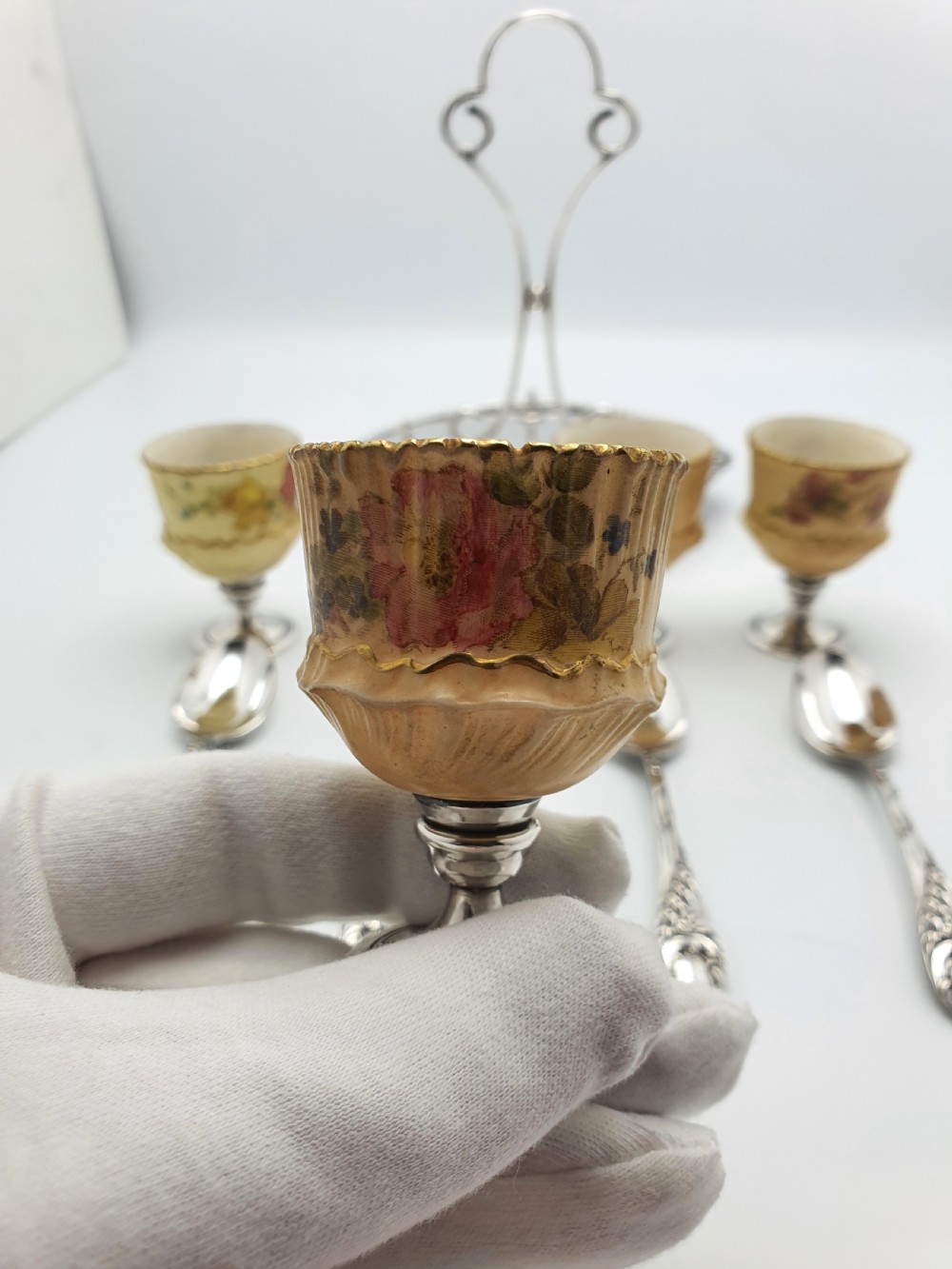 Rare Antique Silver-Plated Egg Cruet Set Featuring Exquisite China Egg Cups – circa 1905 View V
