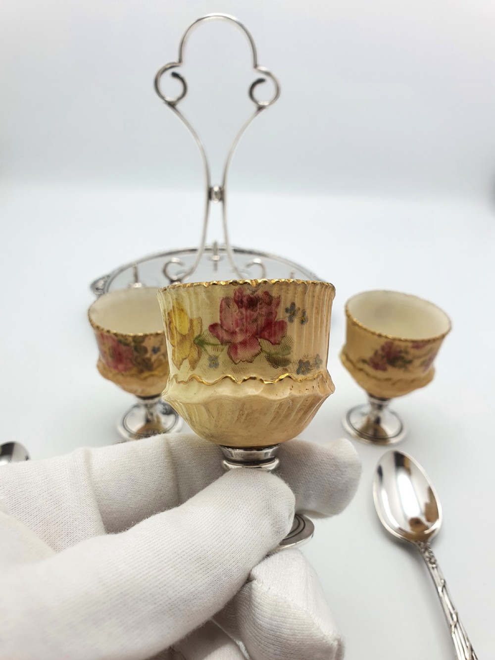 Rare Antique Silver-Plated Egg Cruet Set Featuring Exquisite China Egg Cups – circa 1905 View VI