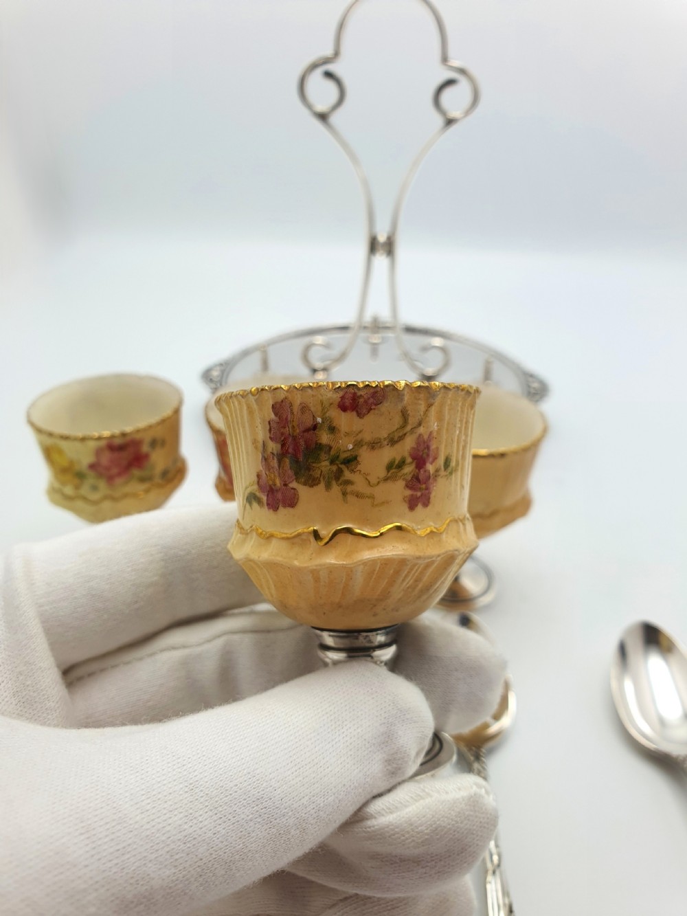 Rare Antique Silver-Plated Egg Cruet Set Featuring Exquisite China Egg Cups – circa 1905 View VII