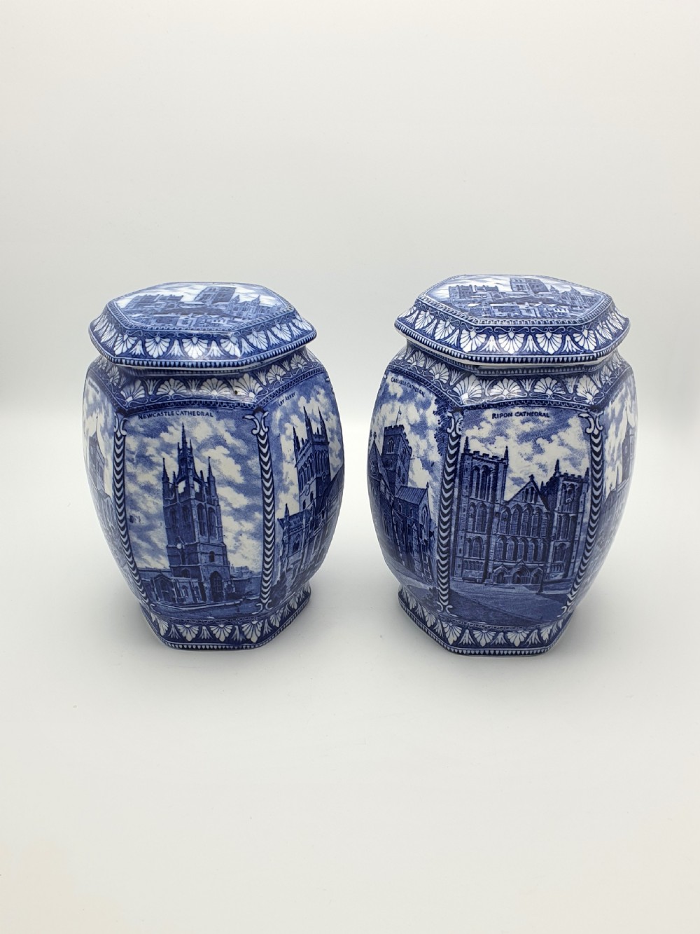 Lovely Pair of Large Antique Blue & White Ringtons Tea Cannisters – circa 1920 View II