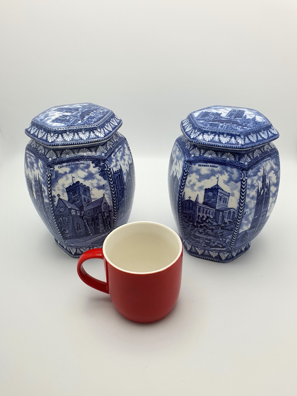 Lovely Pair of Large Antique Blue & White Ringtons Tea Cannisters – circa 1920 View XV