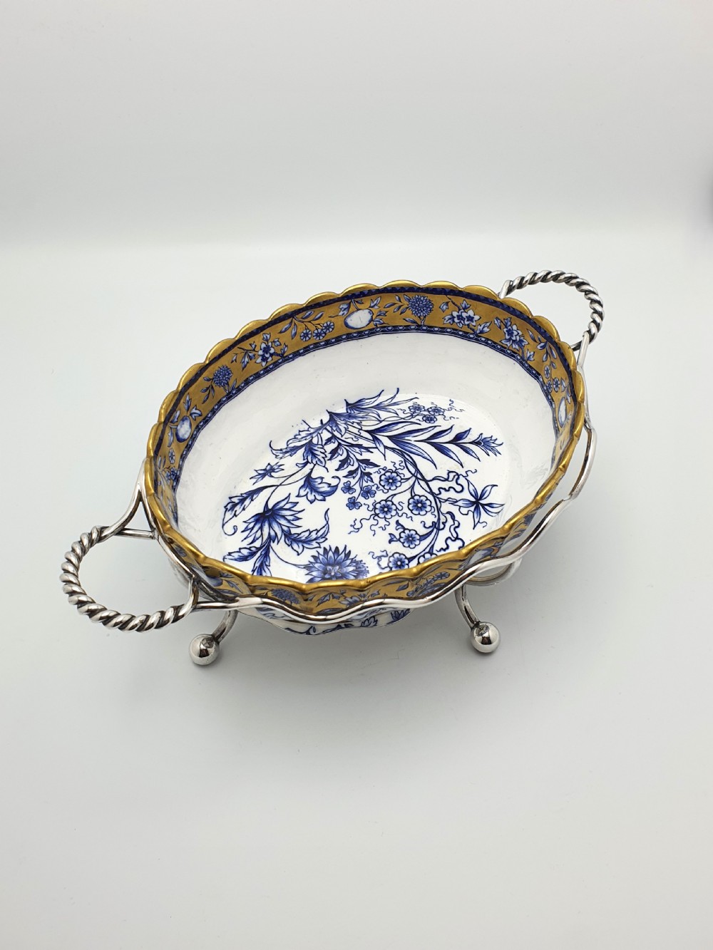 Lovely Antique English Blue and White China Bowl with Ornate Silver-Plated Stand – circa 1905