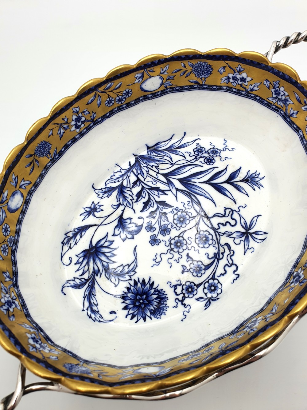 Lovely Antique English Blue and White China Bowl with Ornate Silver-Plated Stand – circa 1905 View II