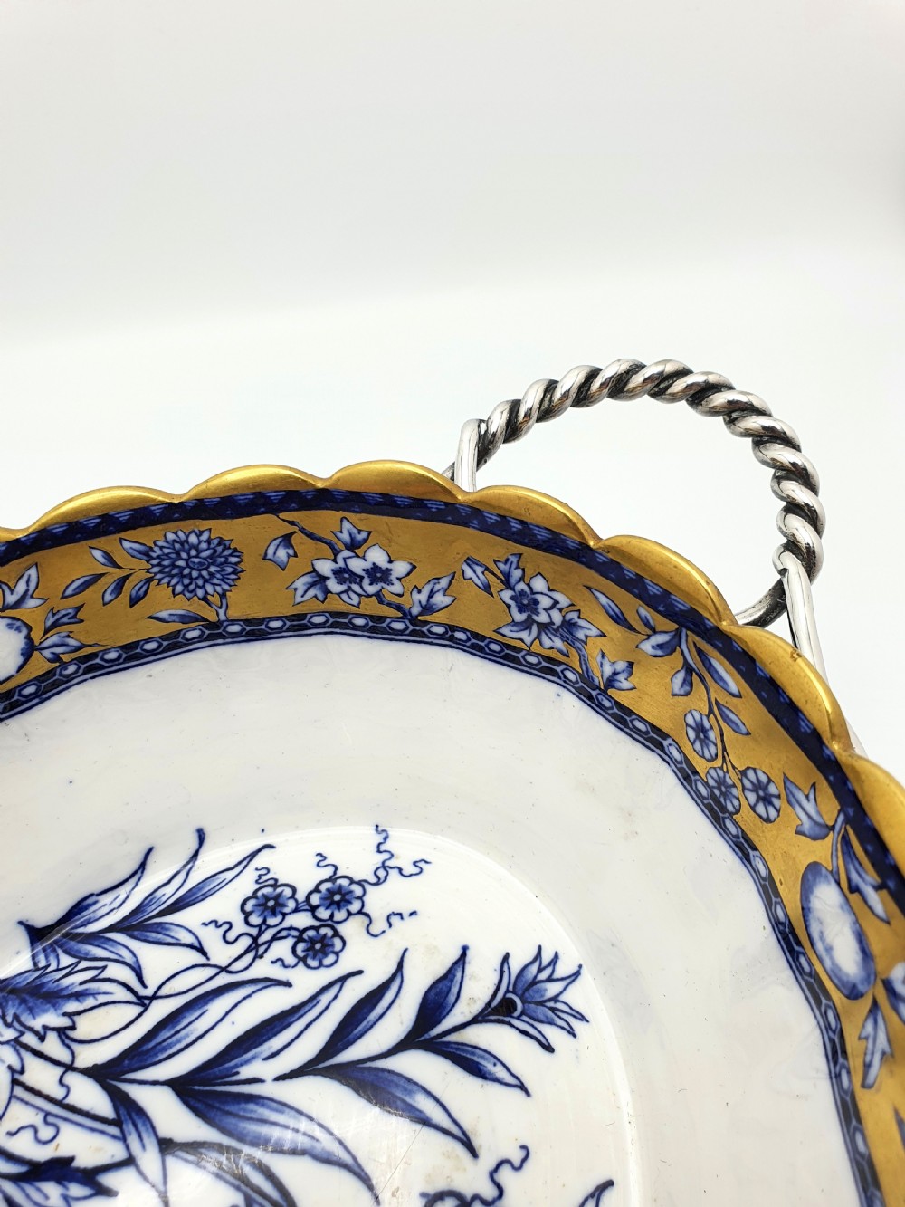 Lovely Antique English Blue and White China Bowl with Ornate Silver-Plated Stand – circa 1905 View III