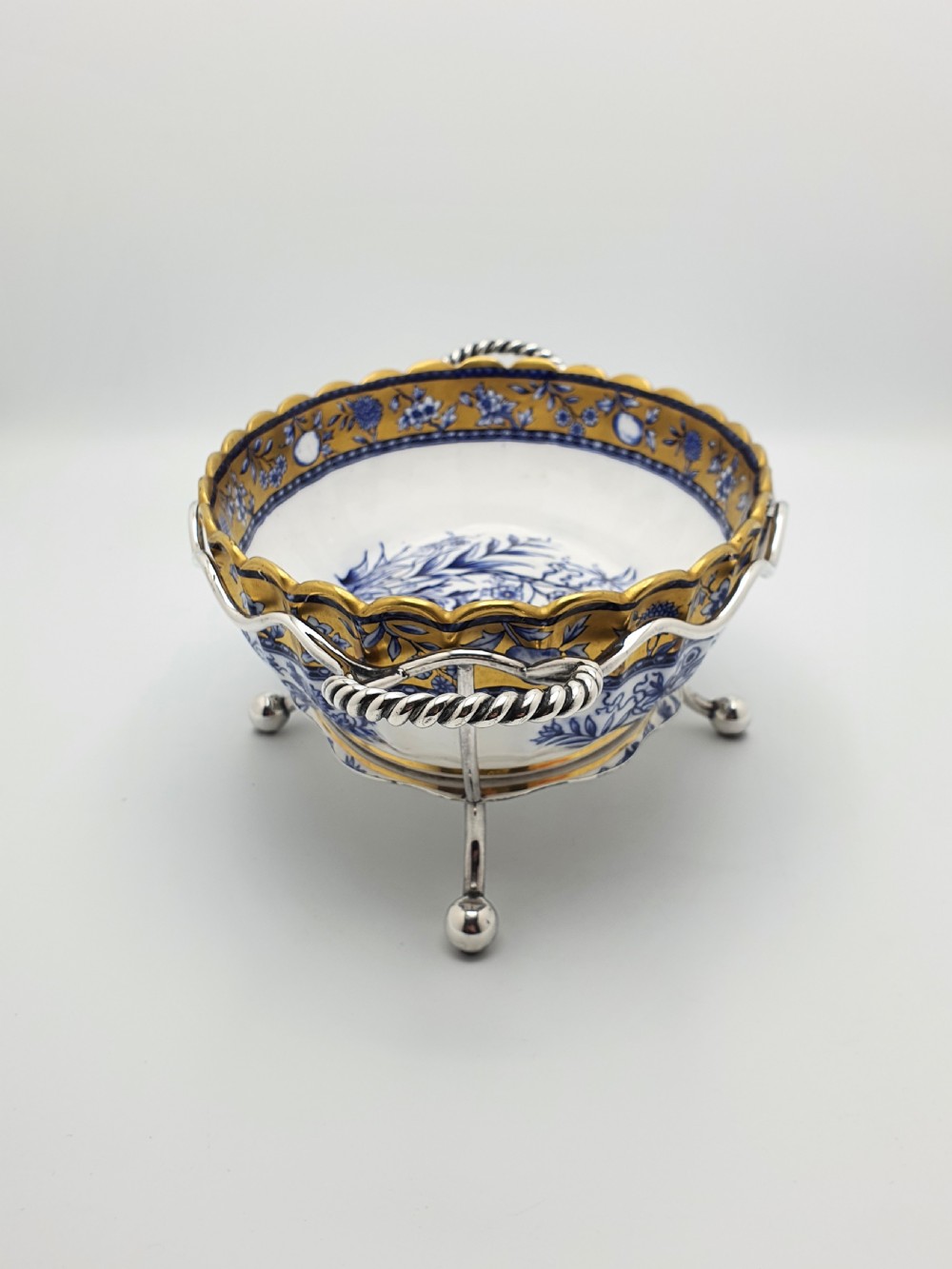 Lovely Antique English Blue and White China Bowl with Ornate Silver-Plated Stand – circa 1905 View IV