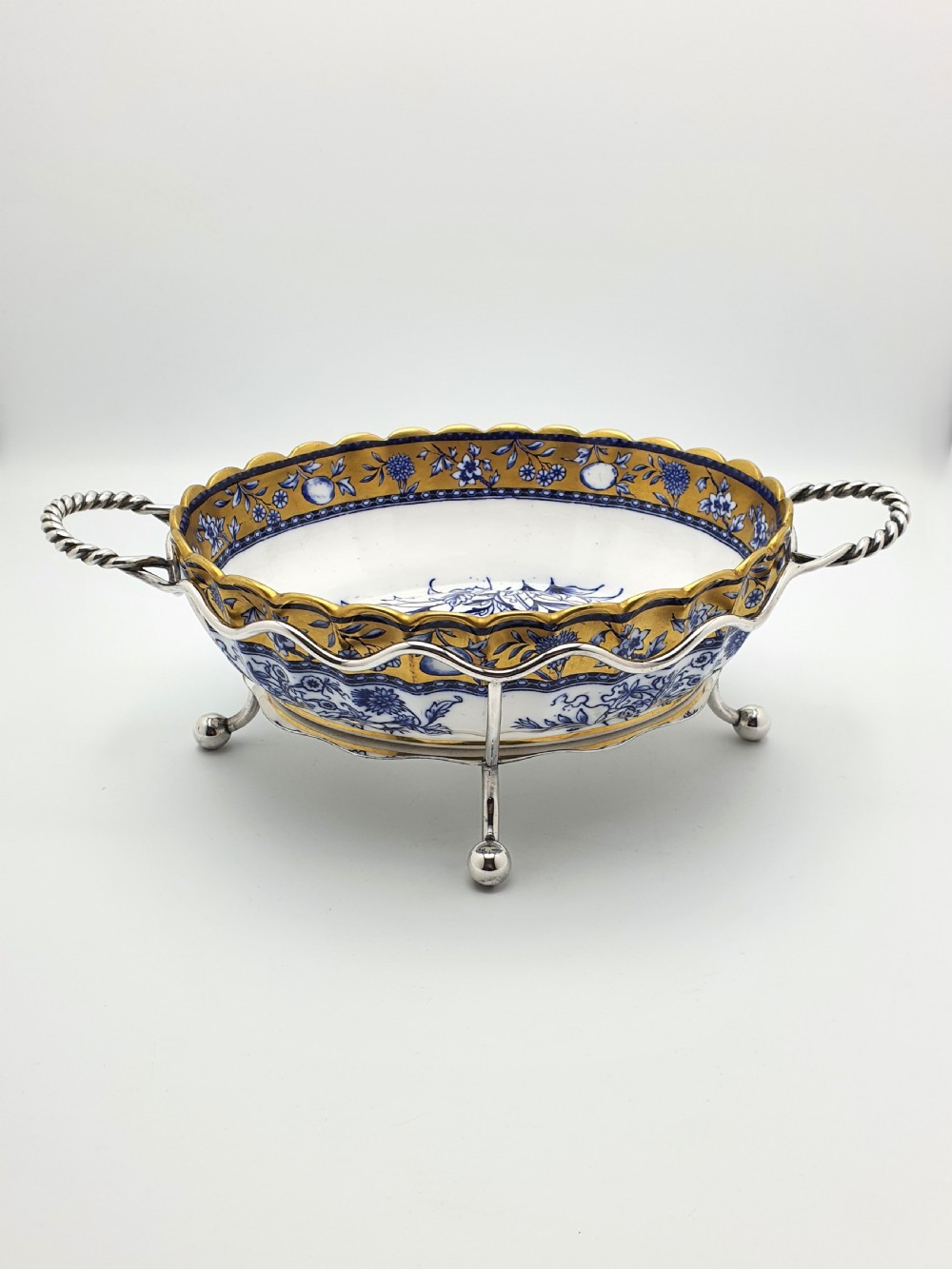 Lovely Antique English Blue and White China Bowl with Ornate Silver-Plated Stand – circa 1905 View V