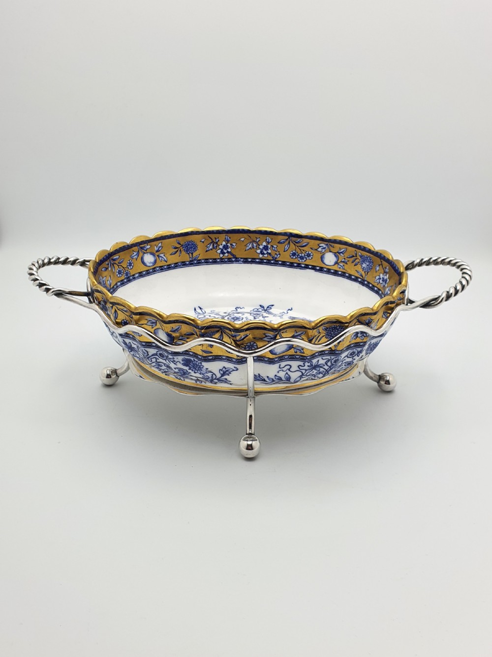 Lovely Antique English Blue and White China Bowl with Ornate Silver-Plated Stand – circa 1905 View VI
