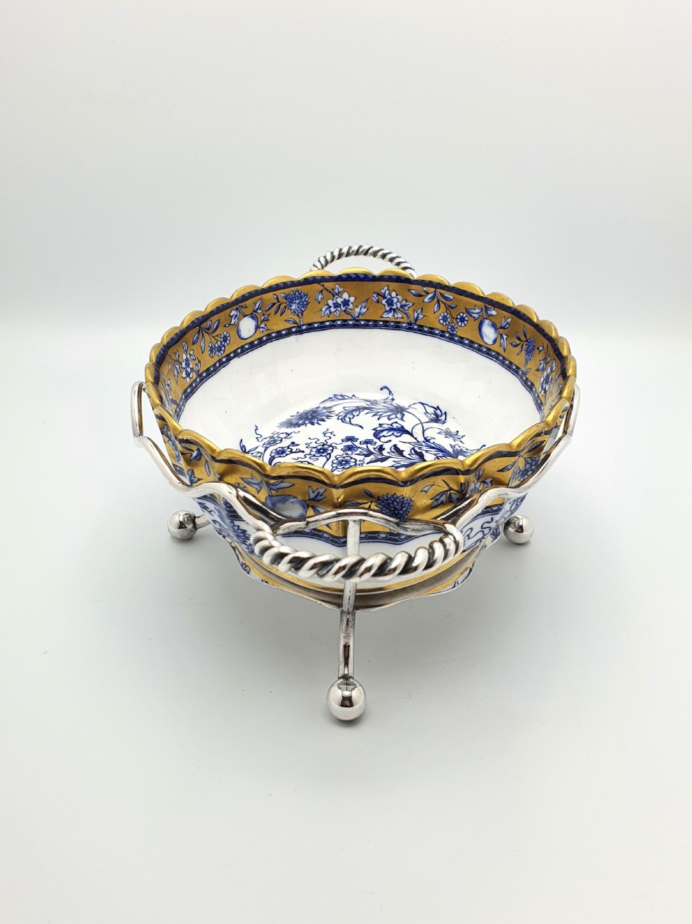 Lovely Antique English Blue and White China Bowl with Ornate Silver-Plated Stand – circa 1905 View VIII