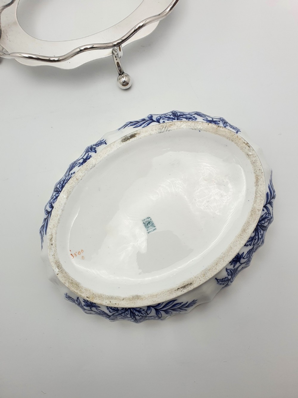 Lovely Antique English Blue and White China Bowl with Ornate Silver-Plated Stand – circa 1905 View IX