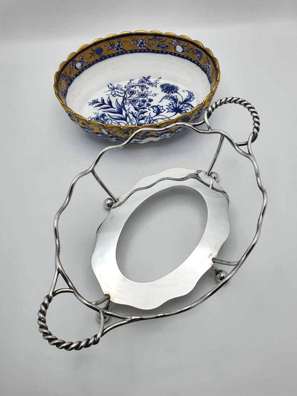 Lovely Antique English Blue and White China Bowl with Ornate Silver-Plated Stand – circa 1905 View X