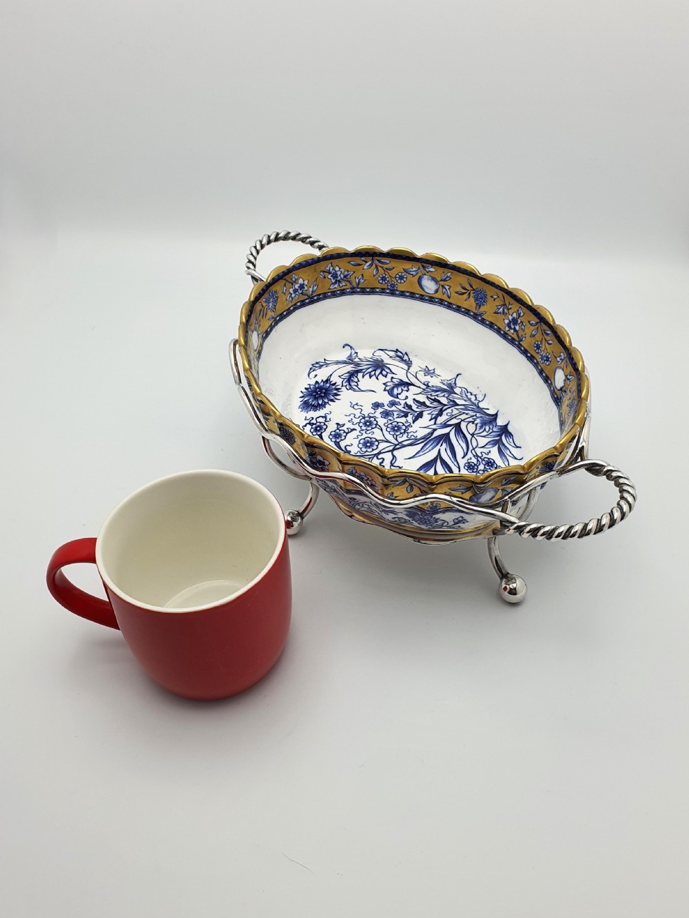 Lovely Antique English Blue and White China Bowl with Ornate Silver-Plated Stand – circa 1905 View XII