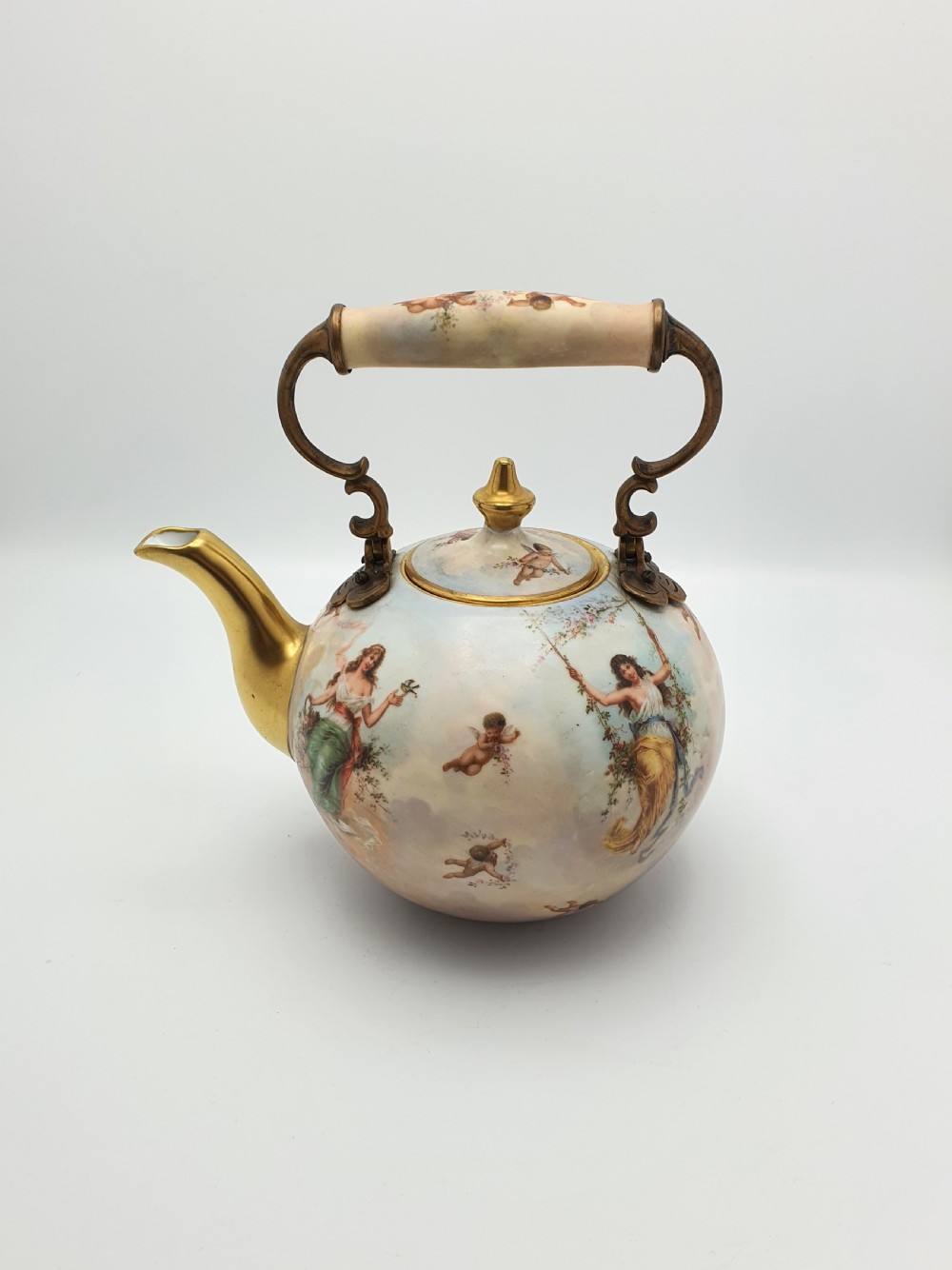 Wonderful Antique Continental Porcelain Kettle with Cherubs and Gilded Accents – circa 1900 View II