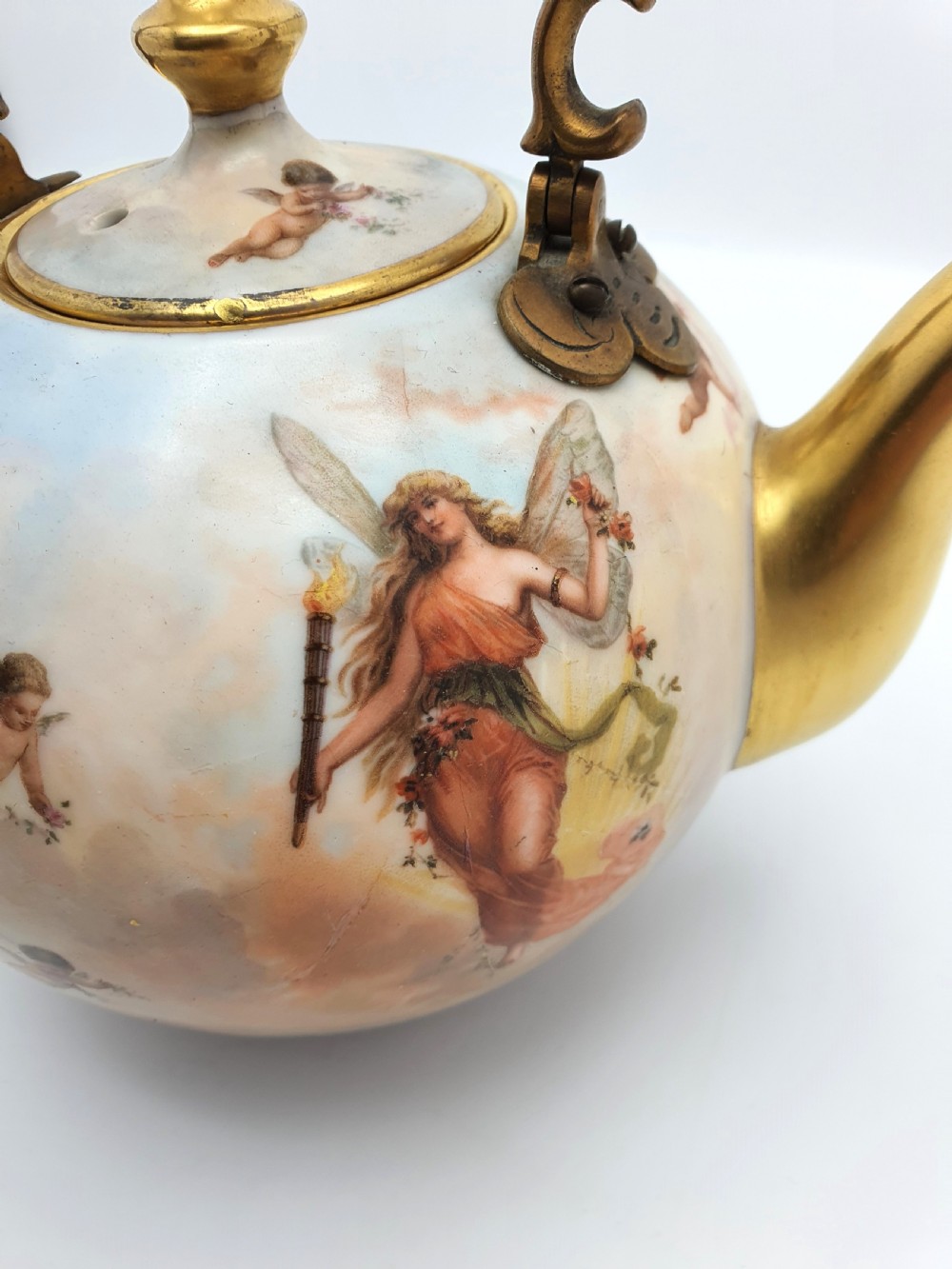 Wonderful Antique Continental Porcelain Kettle with Cherubs and Gilded Accents – circa 1900 View IV