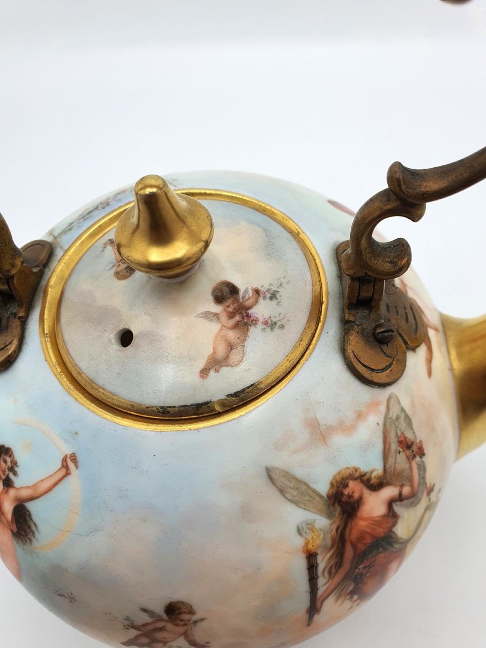 Wonderful Antique Continental Porcelain Kettle with Cherubs and Gilded Accents – circa 1900 View V
