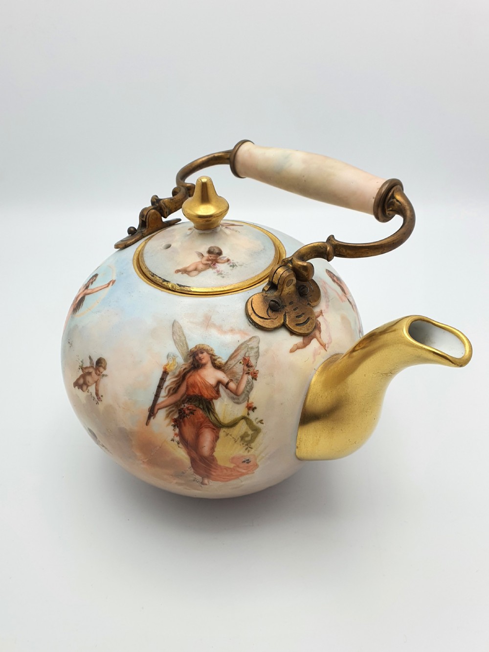 Wonderful Antique Continental Porcelain Kettle with Cherubs and Gilded Accents – circa 1900 View IX