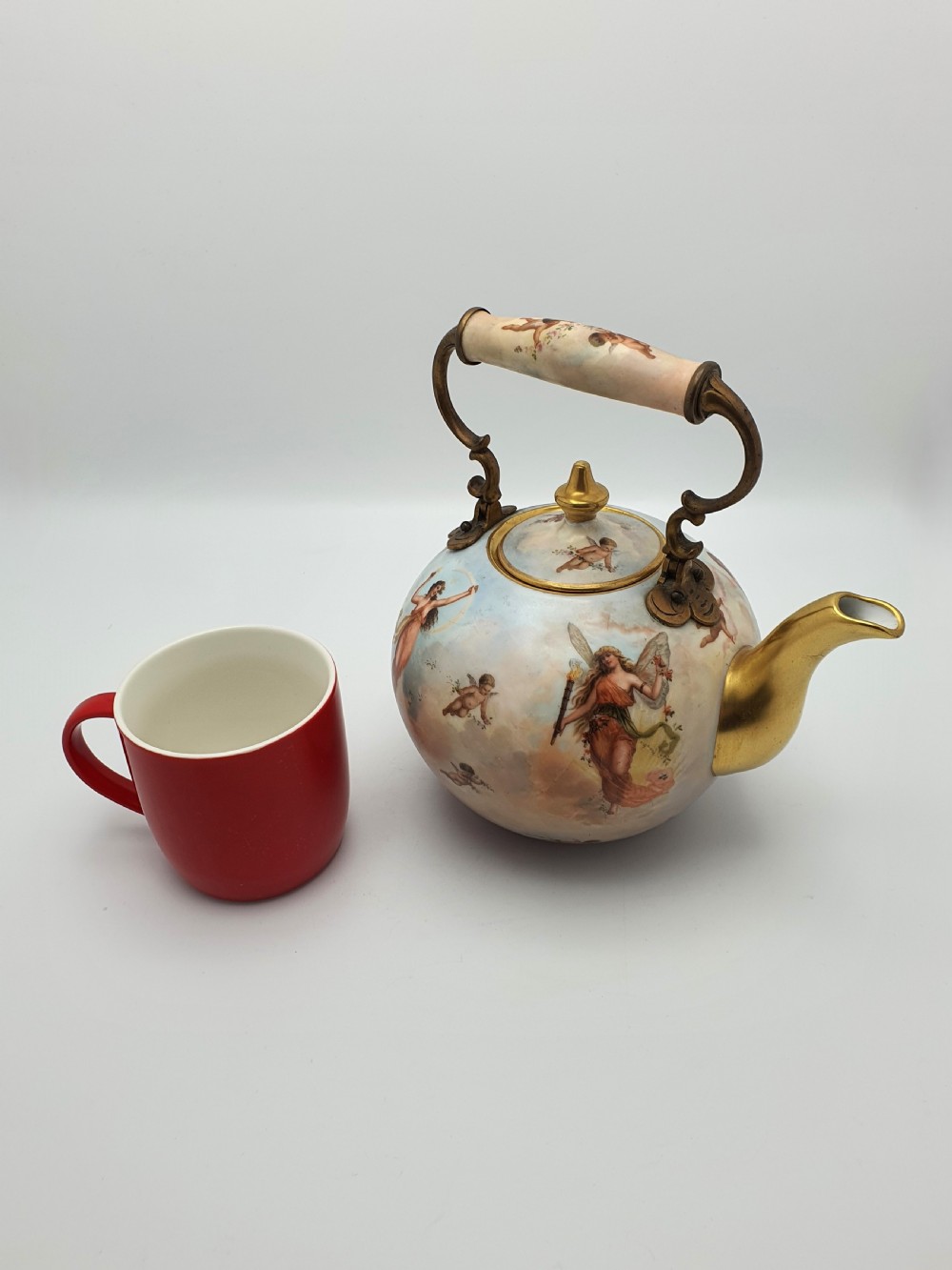 Wonderful Antique Continental Porcelain Kettle with Cherubs and Gilded Accents – circa 1900 View XIII