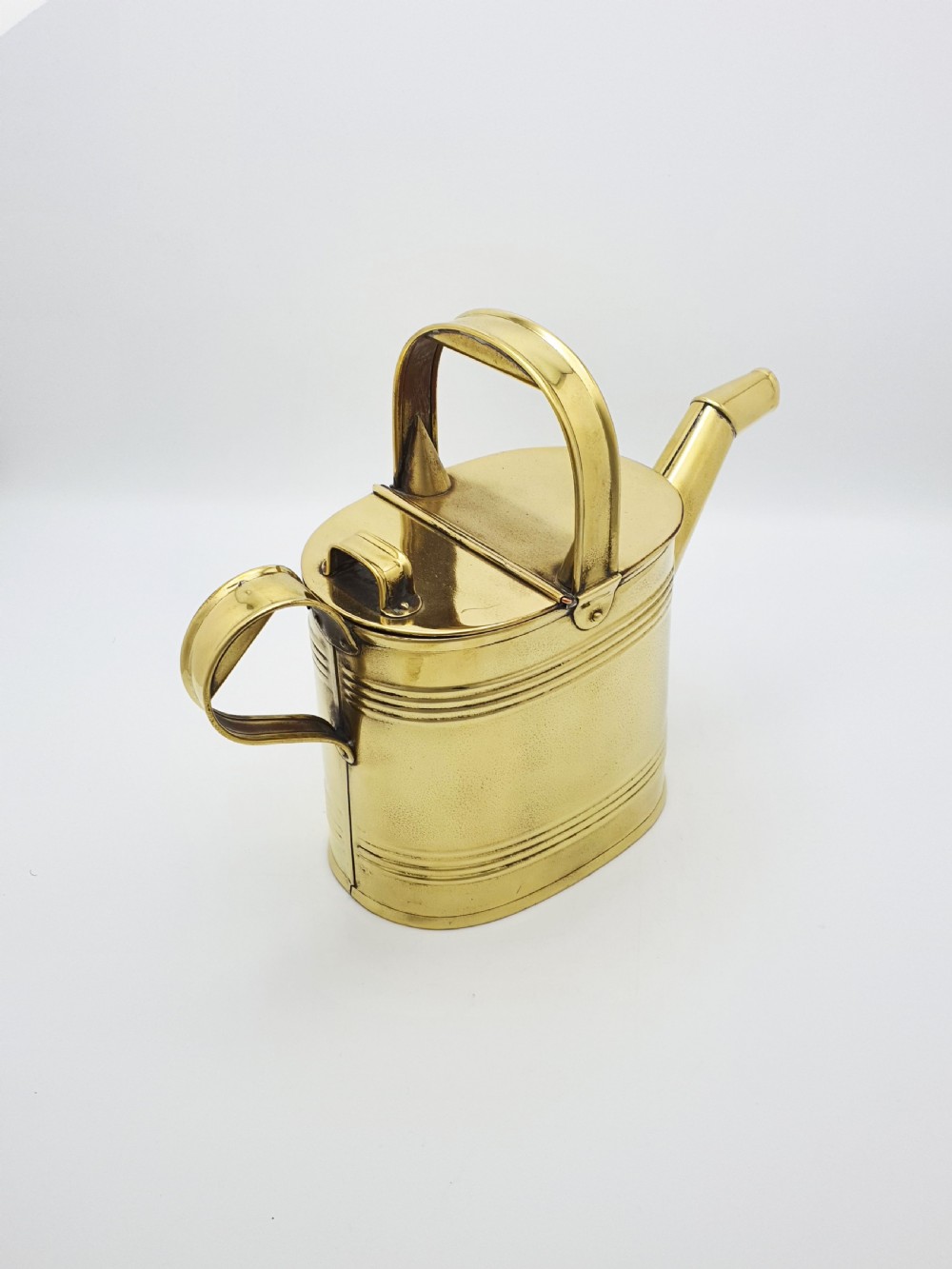 A polished late Victorian brass watering can with an oval body, a curved upper bridge handle, a rear loop handle, and a straight tapered spout. View V