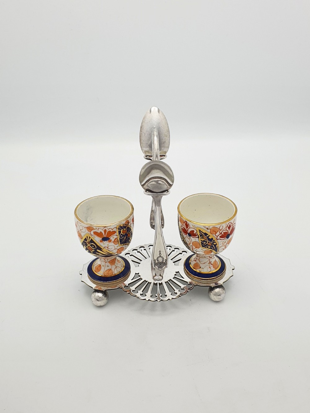 Lovely Antique Victorian Imari China & Silver-Plated Egg Cup Set – circa 1890 View II