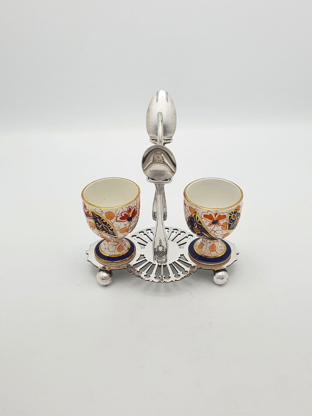 Lovely Antique Victorian Imari China & Silver-Plated Egg Cup Set – circa 1890 View III