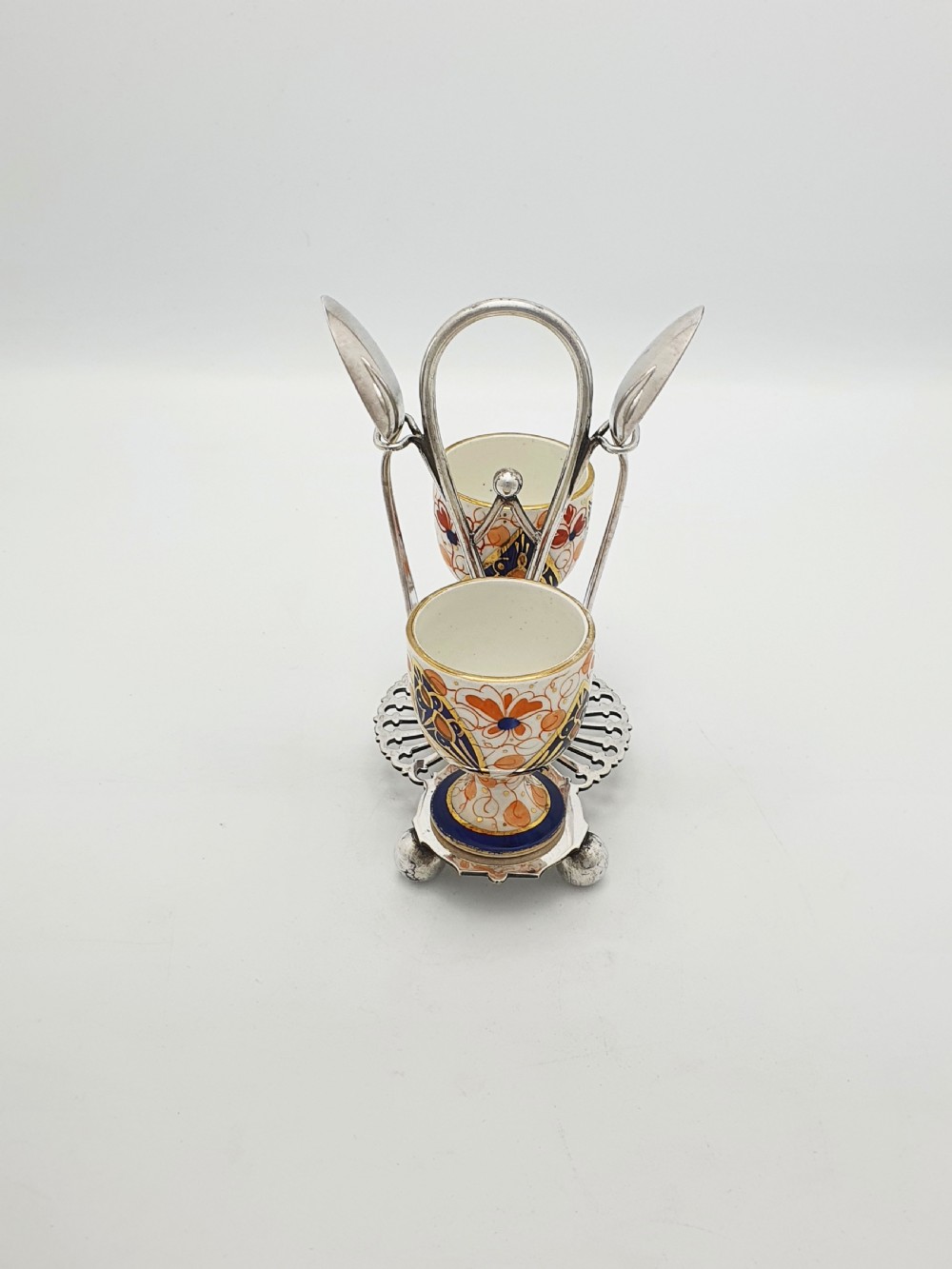 Lovely Antique Victorian Imari China & Silver-Plated Egg Cup Set – circa 1890 View IV