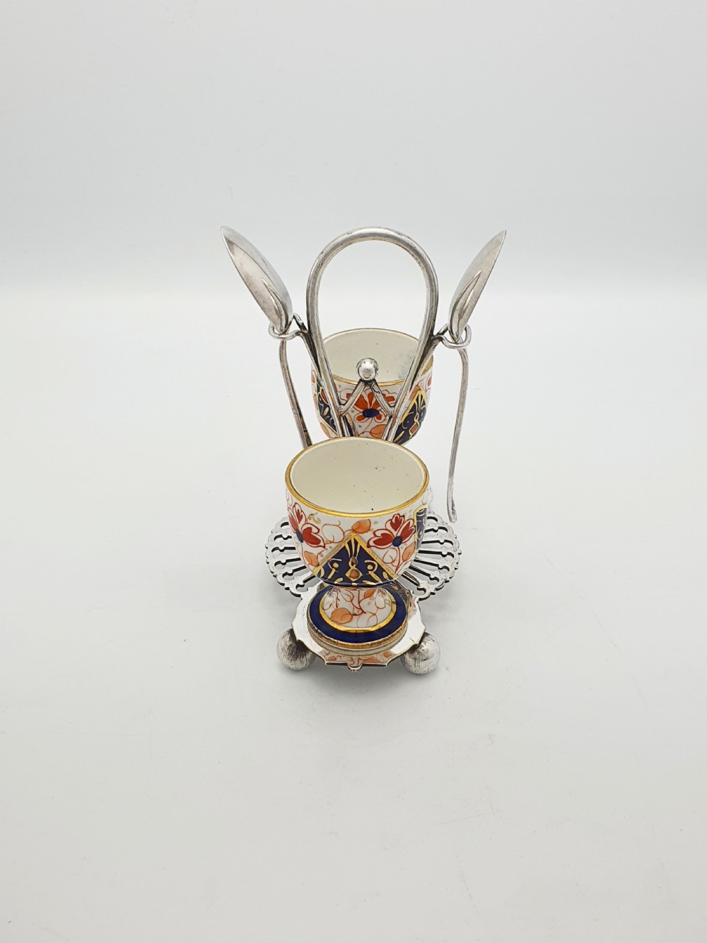 Lovely Antique Victorian Imari China & Silver-Plated Egg Cup Set – circa 1890 View V