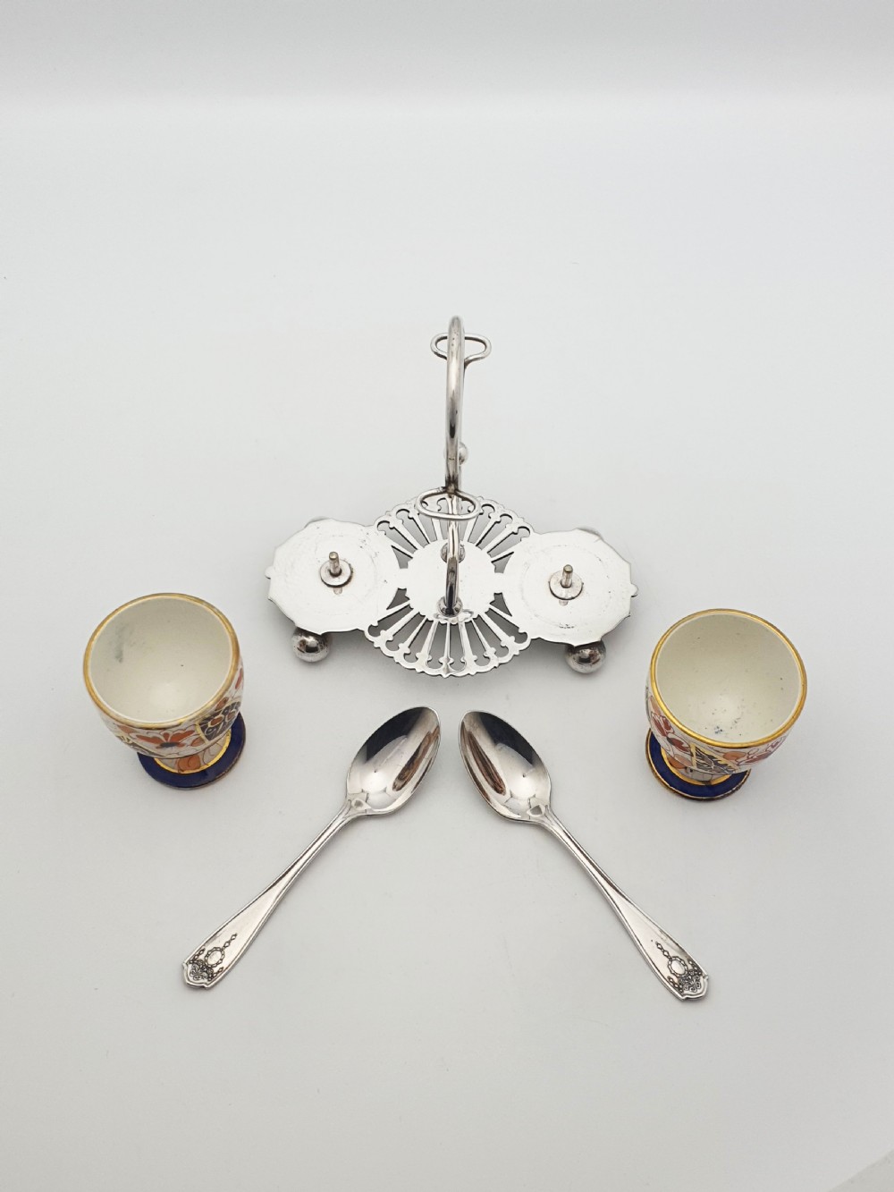Lovely Antique Victorian Imari China & Silver-Plated Egg Cup Set – circa 1890 View VI