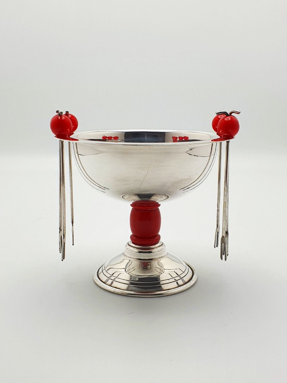 Charming Mid-Century Silver-Plated Cocktail Pick Set with Cherry Red Accents – circa 1950