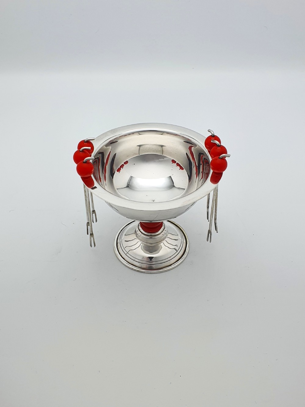 Charming Mid-Century Silver-Plated Cocktail Pick Set with Cherry Red Accents – circa 1950 View III