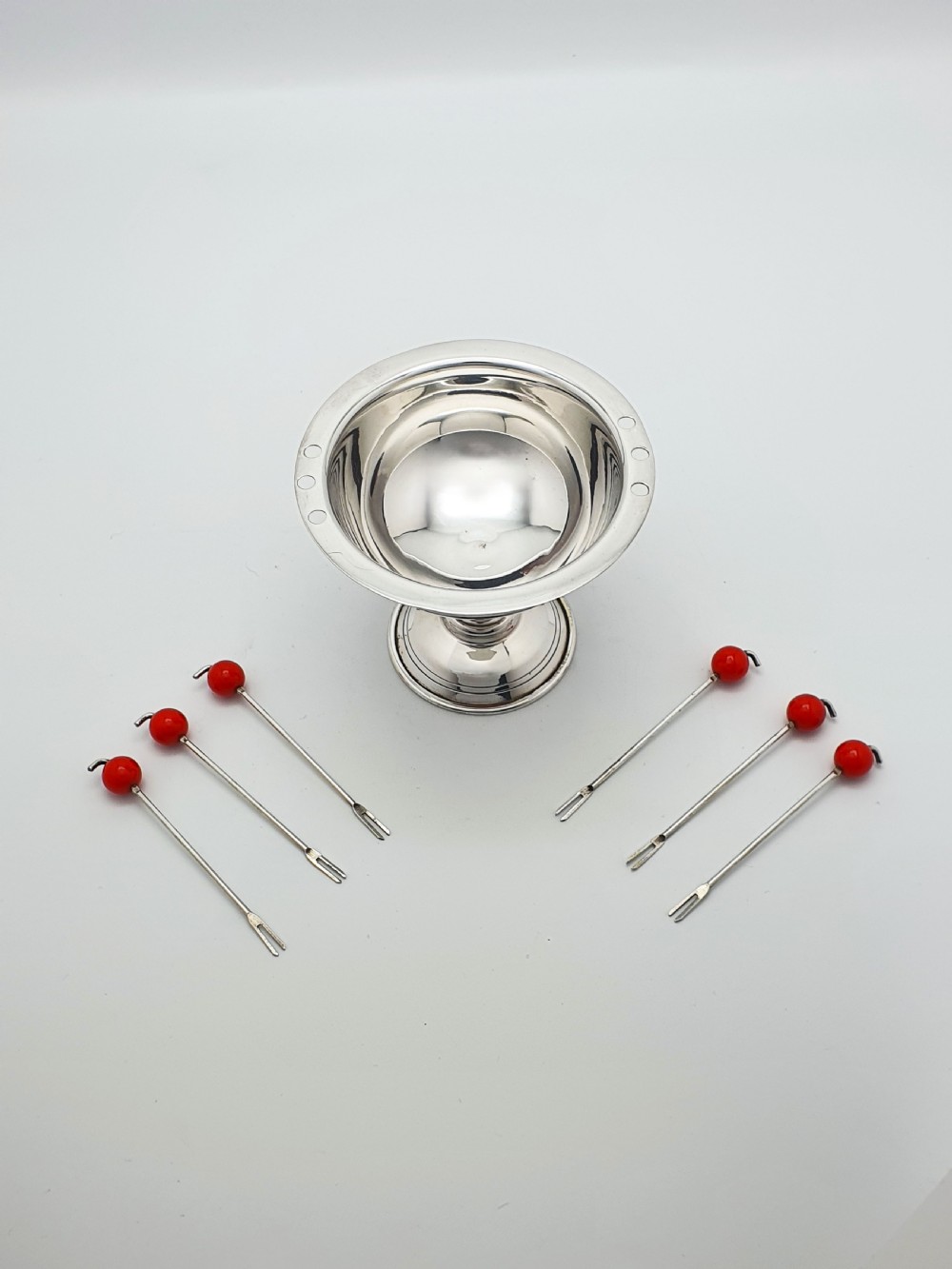 Charming Mid-Century Silver-Plated Cocktail Pick Set with Cherry Red Accents – circa 1950 View VI