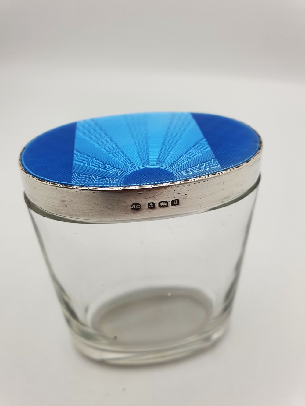 Wonderful Art Deco Silver and Guilloche Enamel Glass Vanity Jar - 1932 View II