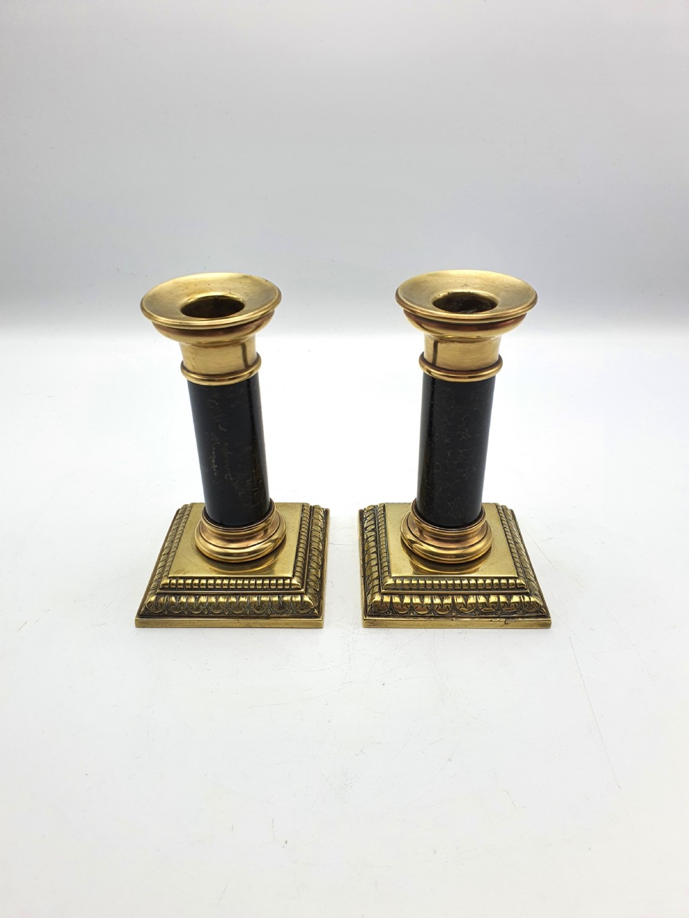 Gorgeous Pair of French Brass and Stone Candlesticks - circa 1870