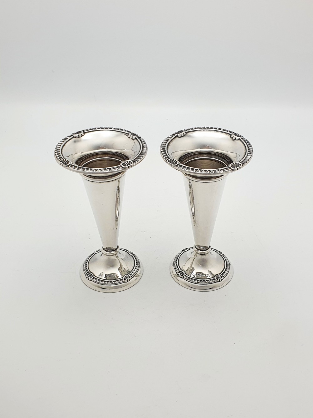 Lovely Pair of Antique Georgian Revival Sterling Silver Trumpet Vases - 1915