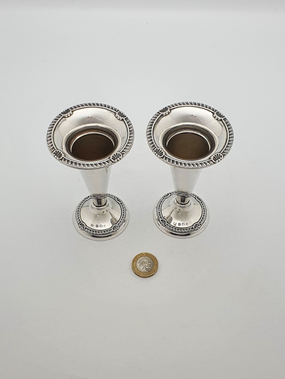 Lovely Pair of Antique Georgian Revival Sterling Silver Trumpet Vases - 1915 View V
