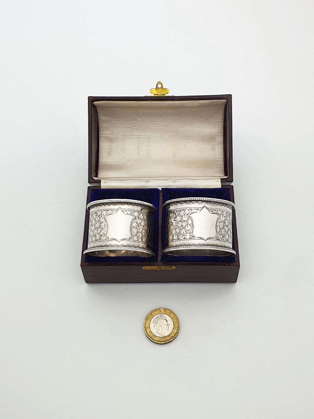 Pair of Antique Victorian Sterling Silver Napkin Rings in Fitted Case - 1890 View III