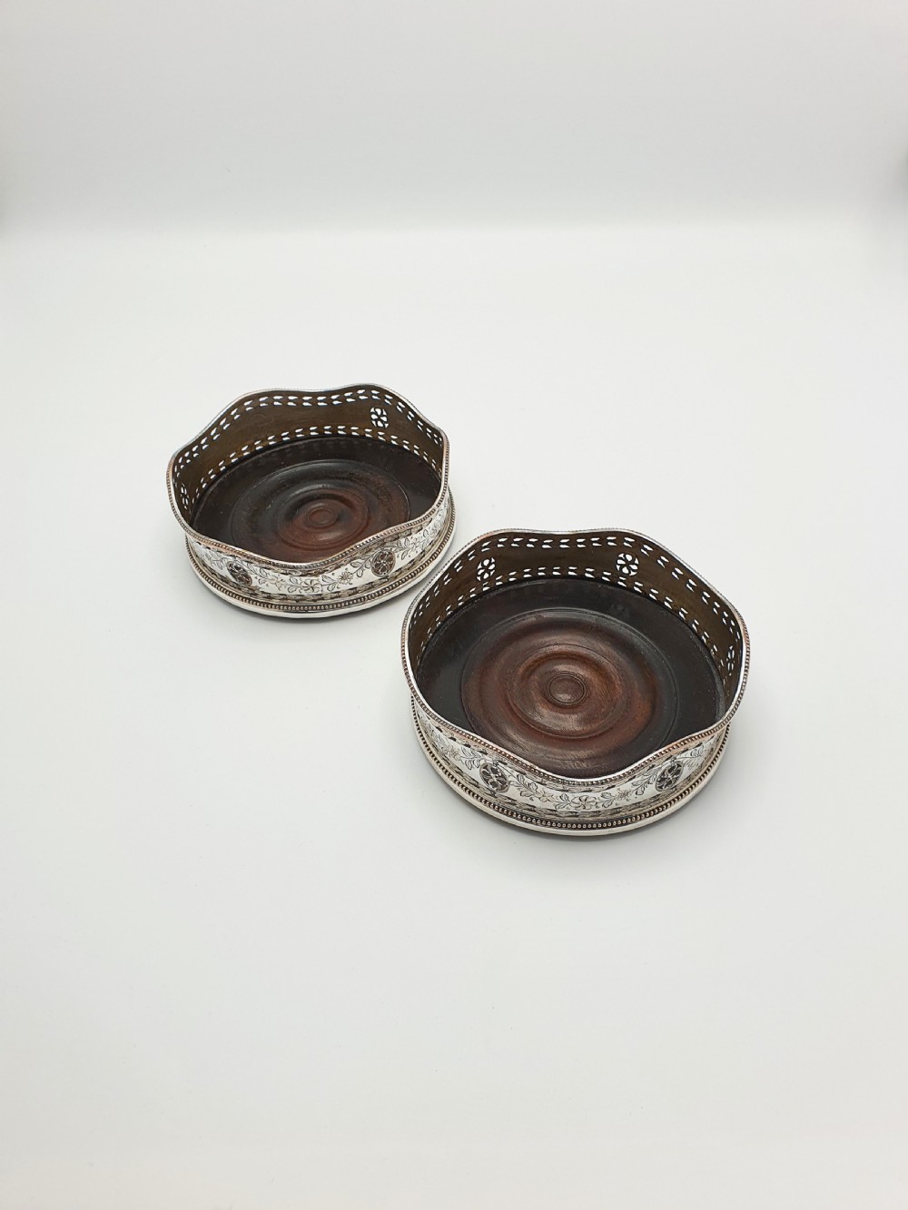 Lovely Pair of Antique Edwardian Silver Plate & Mahogany Wine Coasters – circa 1905 View II