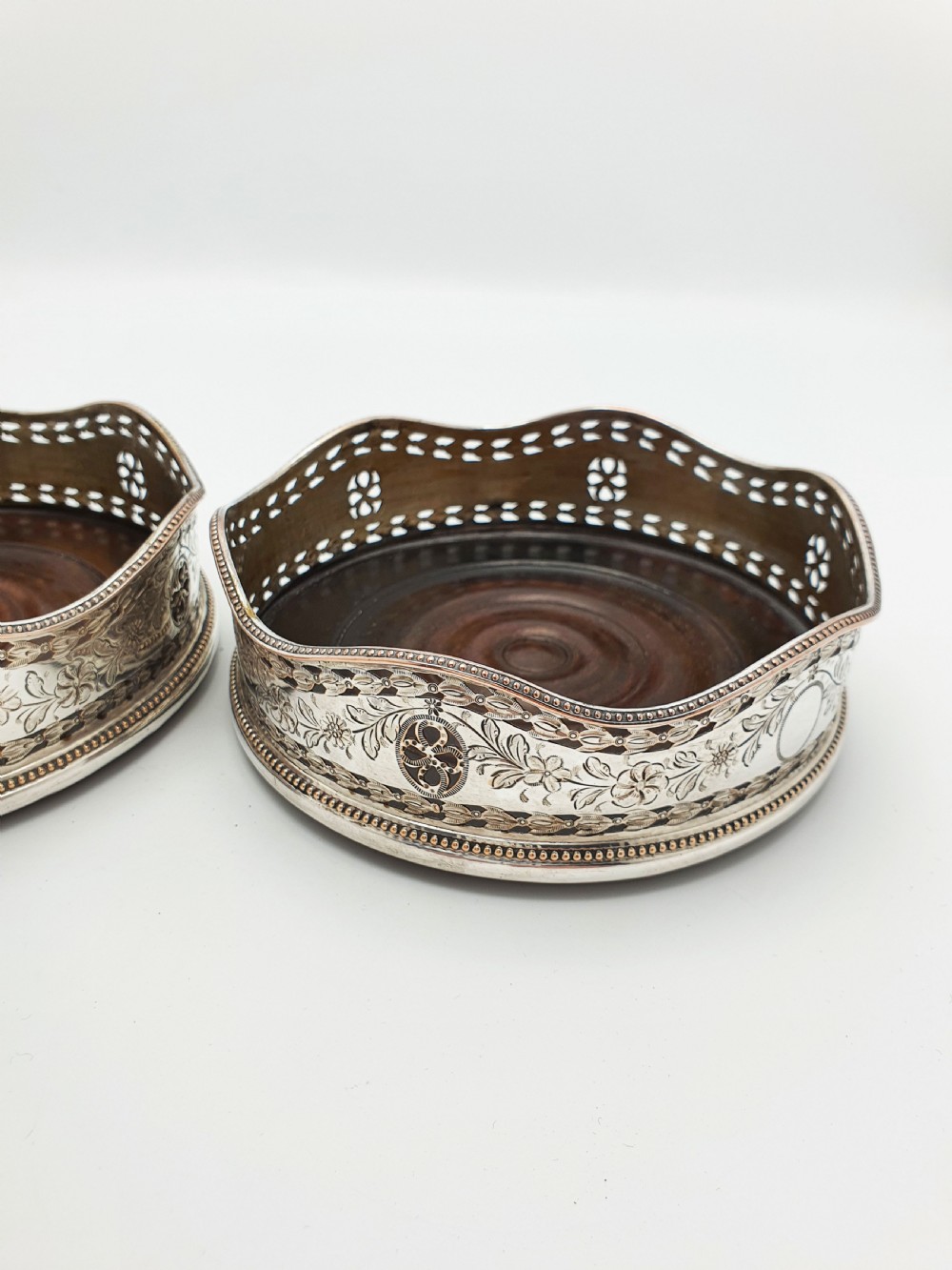 Lovely Pair of Antique Edwardian Silver Plate & Mahogany Wine Coasters – circa 1905 View III