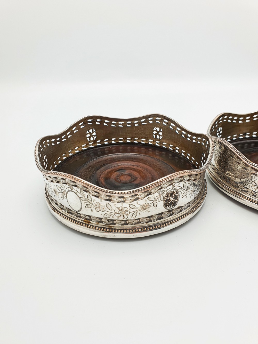 Lovely Pair of Antique Edwardian Silver Plate & Mahogany Wine Coasters – circa 1905 View IV