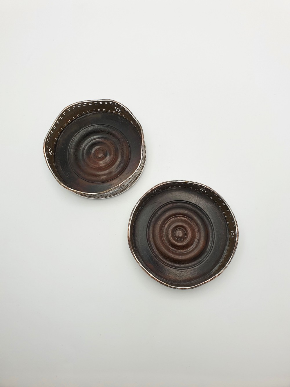 Lovely Pair of Antique Edwardian Silver Plate & Mahogany Wine Coasters – circa 1905 View V