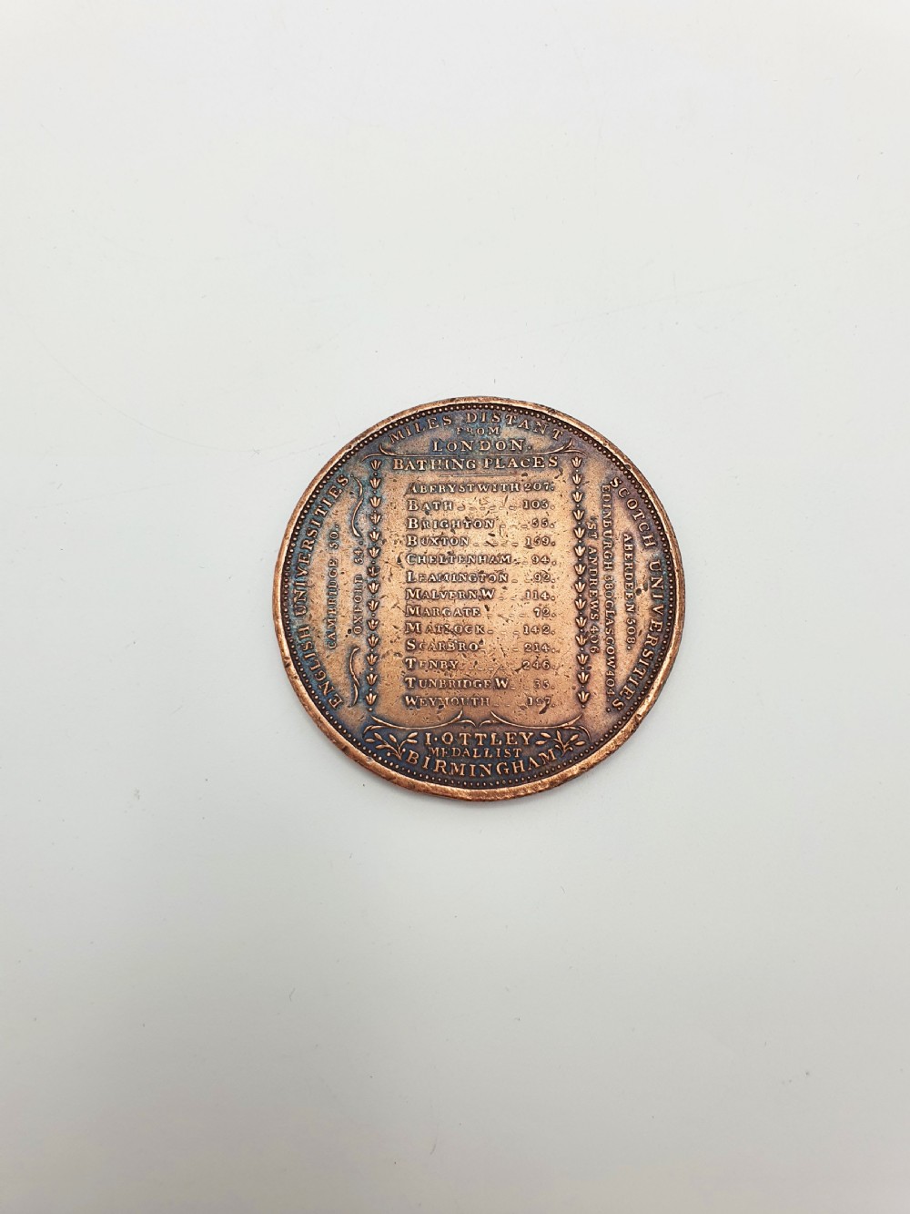 A circular patinated bronze medallion featuring radiating text detailing distances in miles from London to various British towns and cities. View III