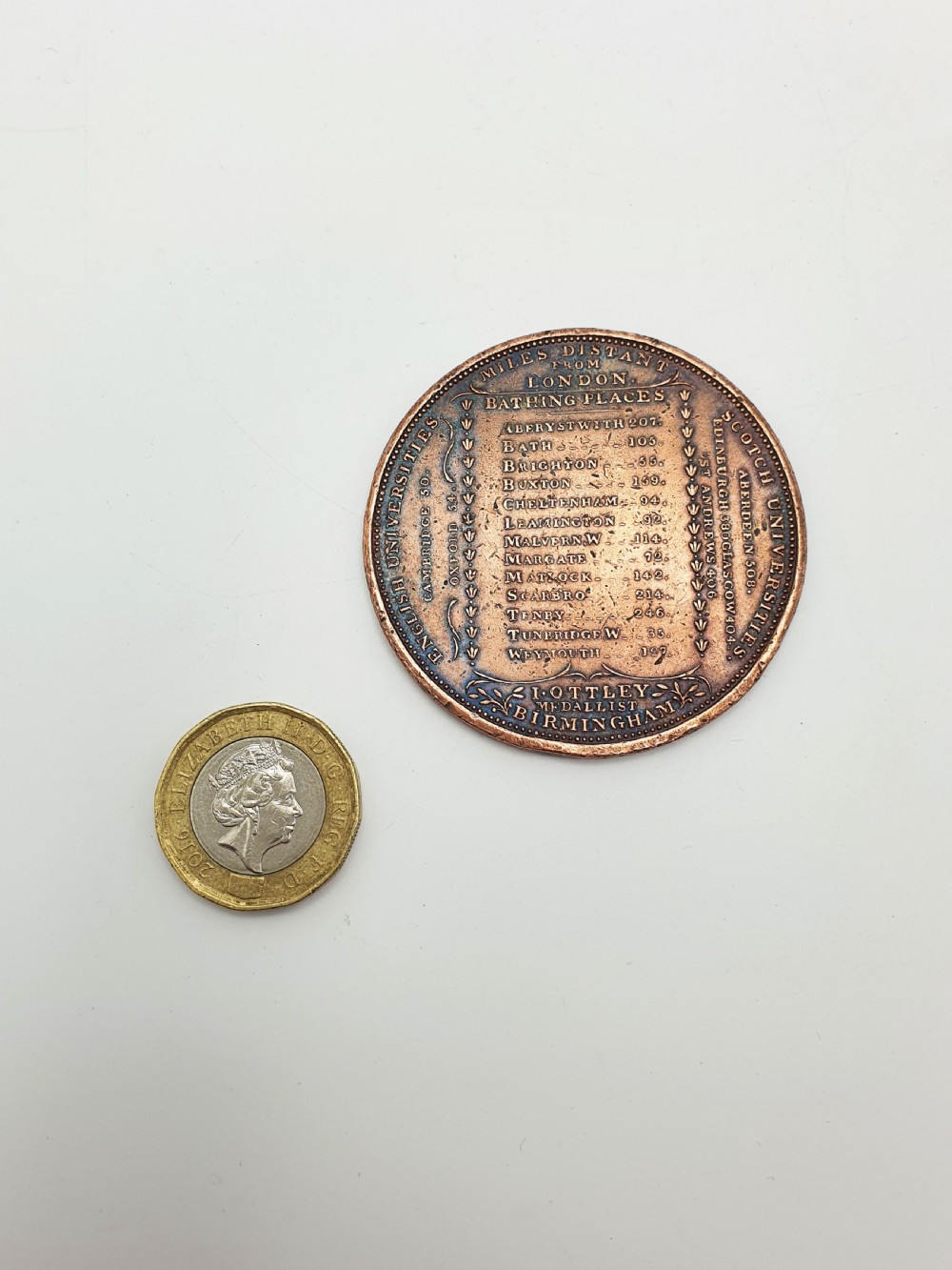 A circular patinated bronze medallion featuring radiating text detailing distances in miles from London to various British towns and cities. View V