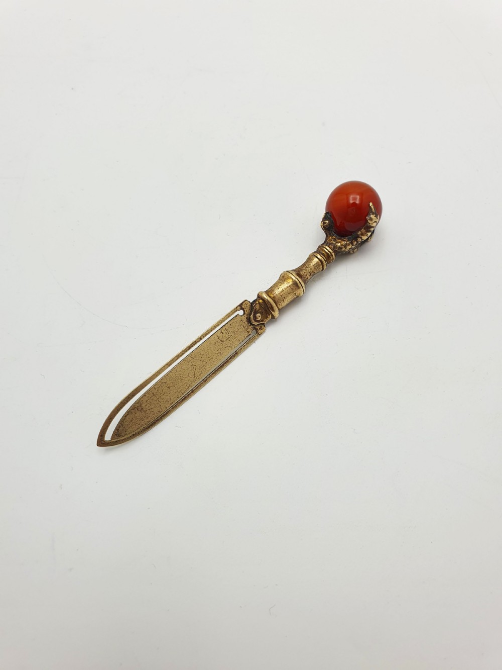 Nice Antique Victorian Brass Page Marker with Claw and Red Agate Finial – circa 1890 View III
