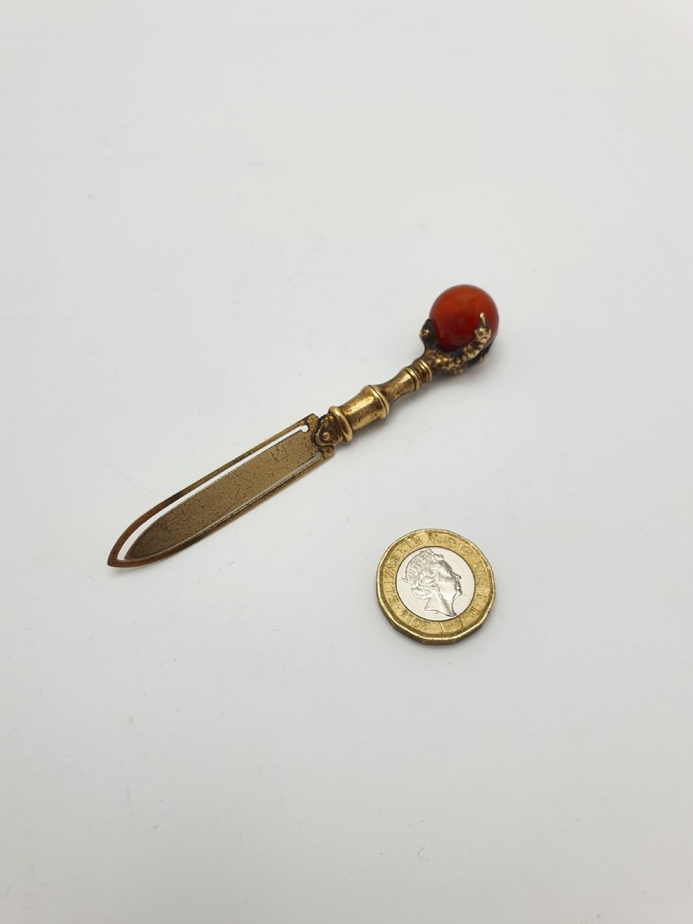 Nice Antique Victorian Brass Page Marker with Claw and Red Agate Finial – circa 1890 View V
