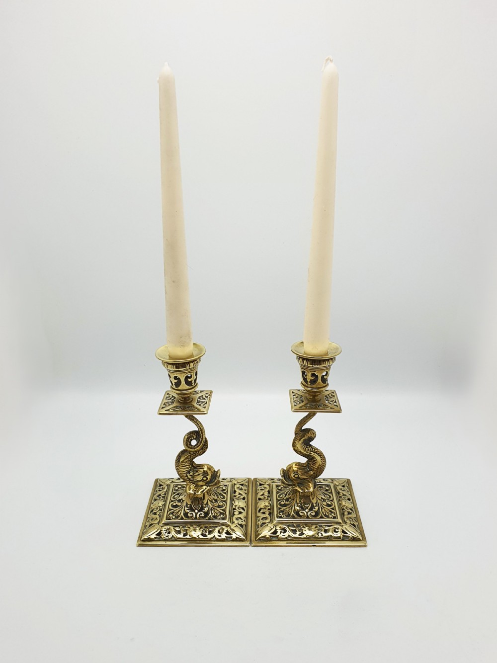 Nice Pair of Victorian Brass Dolphin Candlesticks - 1890