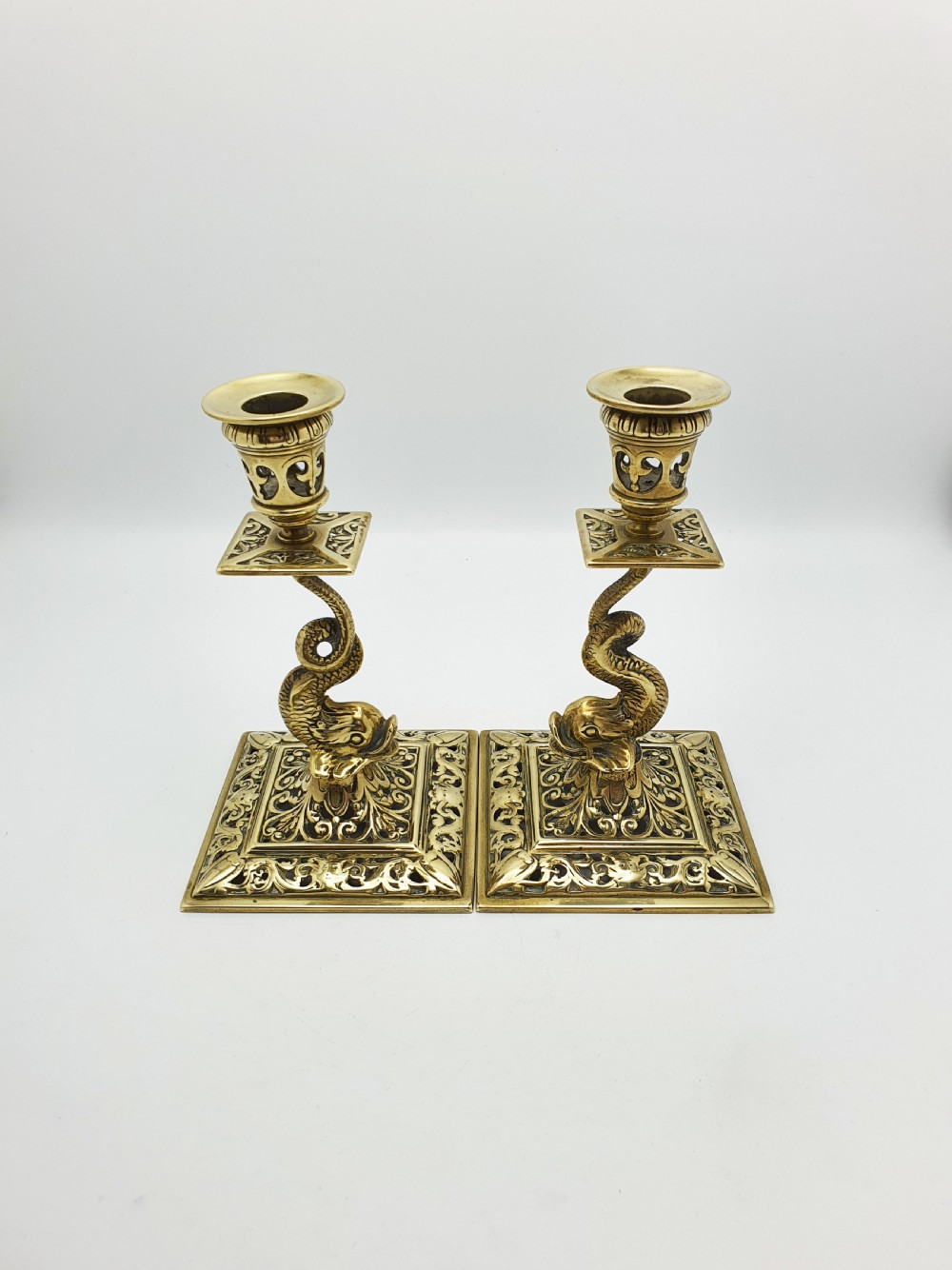 Nice Pair of Victorian Brass Dolphin Candlesticks - 1890 View II