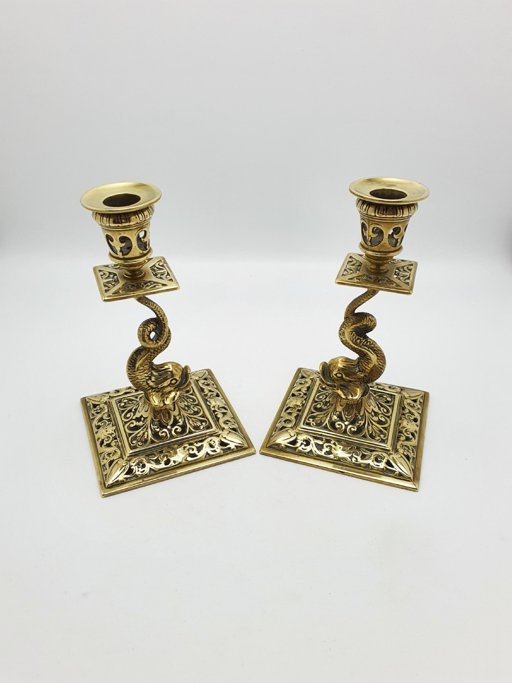 Nice Pair of Victorian Brass Dolphin Candlesticks - 1890 View III