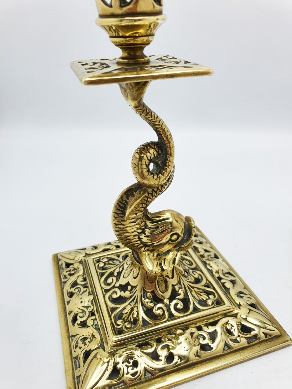 Nice Pair of Victorian Brass Dolphin Candlesticks - 1890 View IV