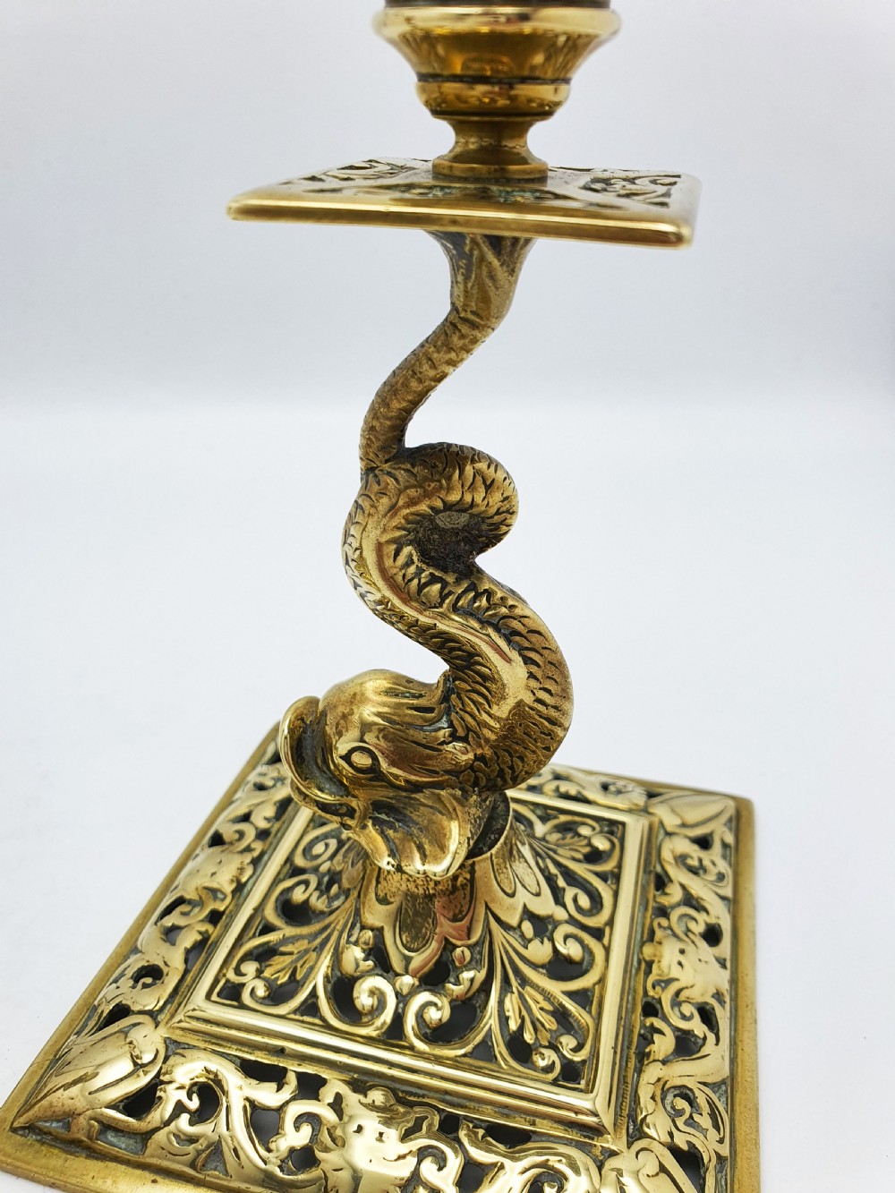 Nice Pair of Victorian Brass Dolphin Candlesticks - 1890 View V